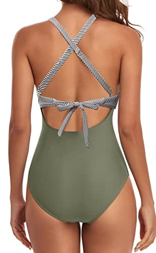 Eomenie Women's One Piece Swimsuits Tummy Control Cutout High Waisted Bathing Suit Wrap Tie Back 1 Piece Swimsuit Green Striped - Image 3