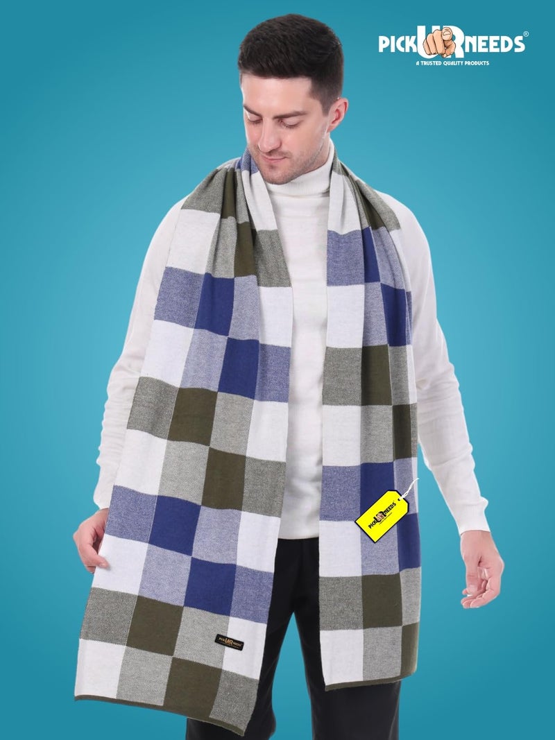 Pick Ur Needs Men’s Woolen Muffler Stylish Checked Soft & Warm Wool Blend Winter Scarf Hand Washable Neck Wrap (Blue) - Image 2