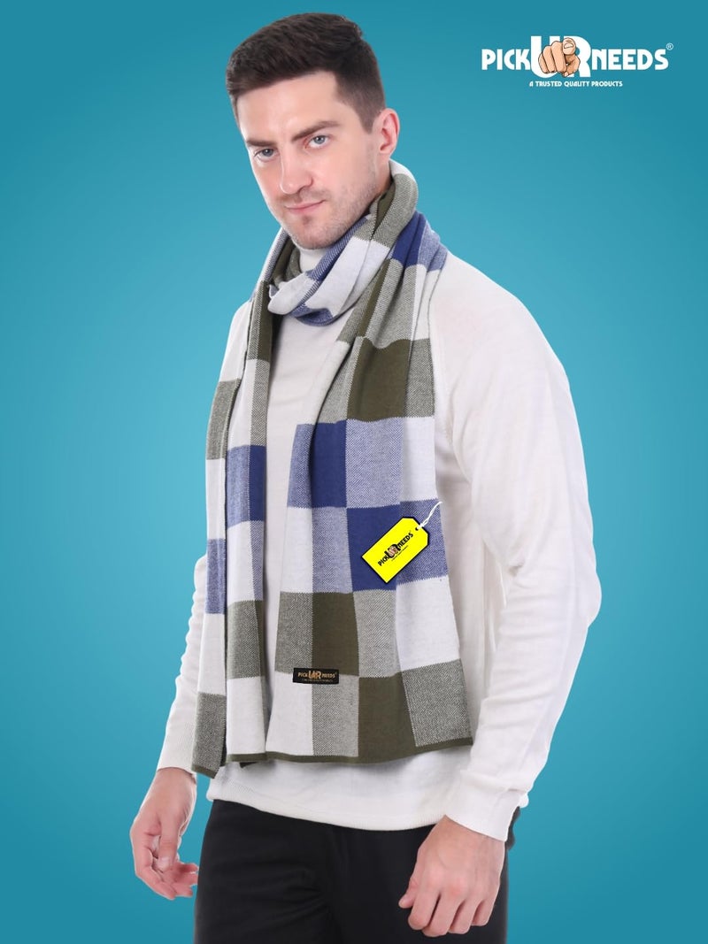 Pick Ur Needs Men’s Woolen Muffler Stylish Checked Soft & Warm Wool Blend Winter Scarf Hand Washable Neck Wrap (Blue) - Image 5