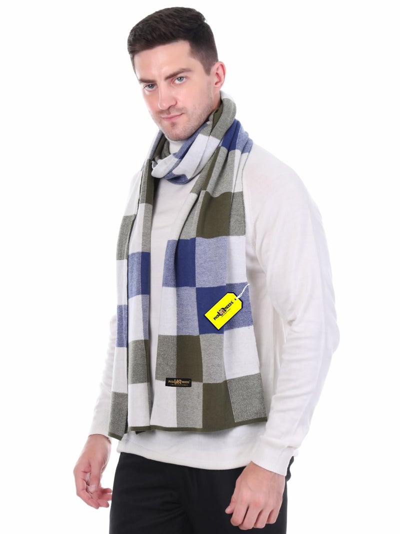Pick Ur Needs Men’s Woolen Muffler Stylish Checked Soft & Warm Wool Blend Winter Scarf Hand Washable Neck Wrap (Blue) - Image 1
