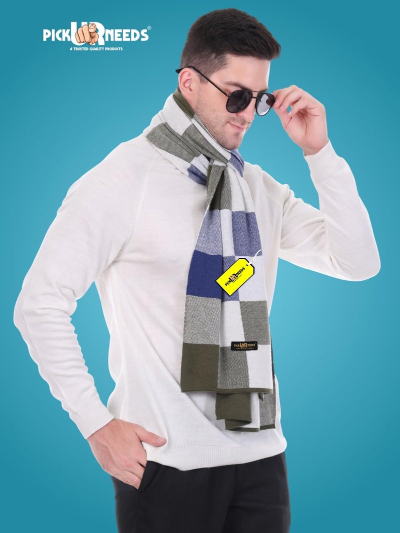 Pick Ur Needs Men’s Woolen Muffler Stylish Checked Soft & Warm Wool Blend Winter Scarf Hand Washable Neck Wrap (Blue) - Image 4