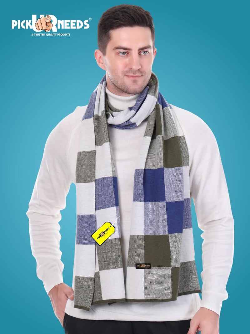 Pick Ur Needs Men’s Woolen Muffler Stylish Checked Soft & Warm Wool Blend Winter Scarf Hand Washable Neck Wrap (Blue) - Image 3