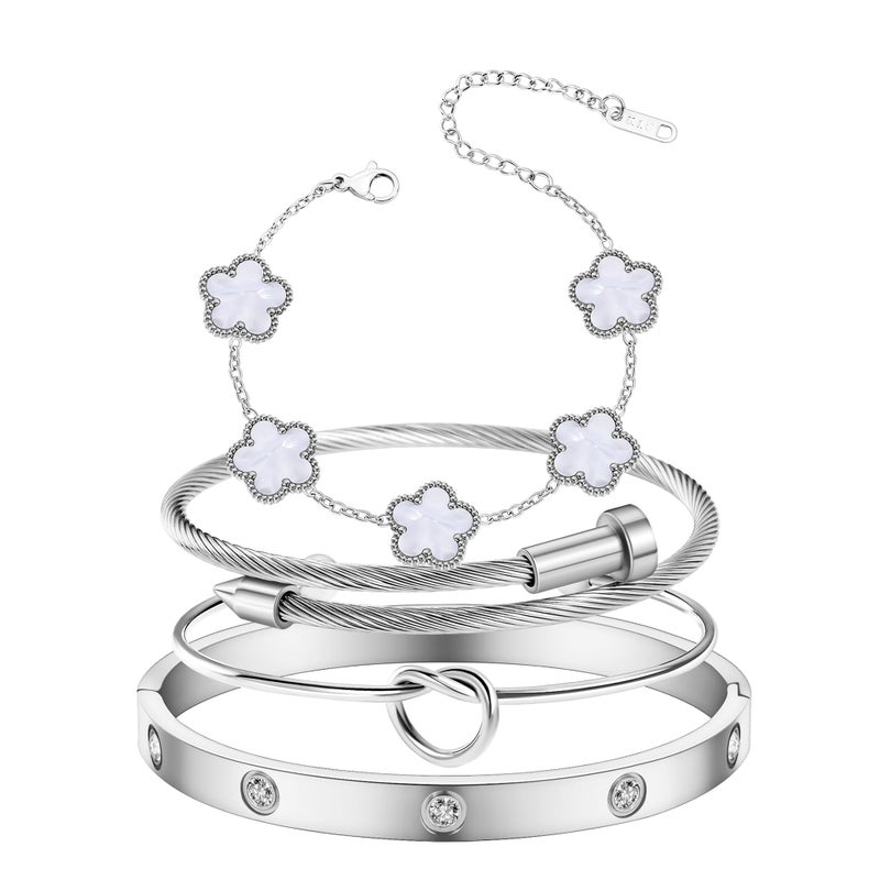 MAOCEN Womens 4Pcs Stackable Floral Gold Bracelets Stainless Steel Bangle Bracelets Non Tarnish Silver Set Trendy Jewelry Gifts for Womens (Silver White, 7") - Image 1