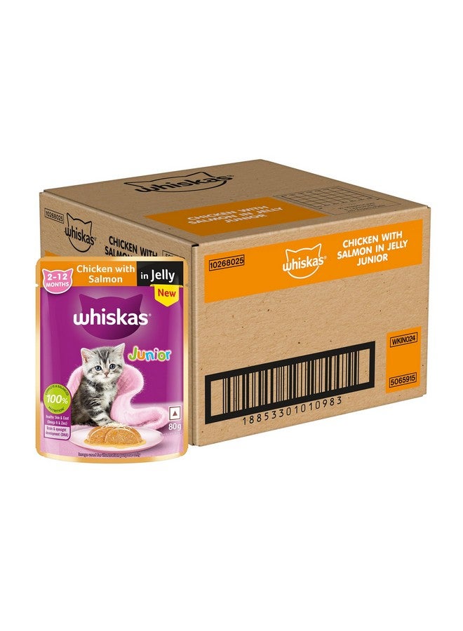 Whiskas Junior Kitten (2-12 Months) Wet Cat Food, Chicken With Salmon In Jelly, 80 G X 28, Hydrating Food Made With Real Fish, 100% Complete & Balanced Nutrition For Kittens - Image 1