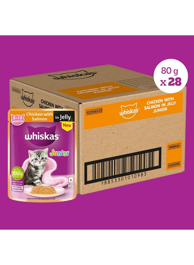 Whiskas Junior Kitten (2-12 Months) Wet Cat Food, Chicken With Salmon In Jelly, 80 G X 28, Hydrating Food Made With Real Fish, 100% Complete & Balanced Nutrition For Kittens - Image 2
