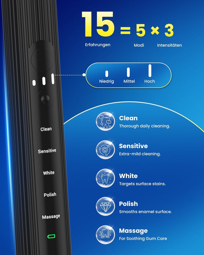 YTEATH PRO Electric Sonic Toothbrush for Adults & Children, 5 Cleaning Modes with 3 Intensity Levels, Timer, 8 Replacement Brush Heads & Travel Case, Rechargeable Sonic Toothbrush - Image 3
