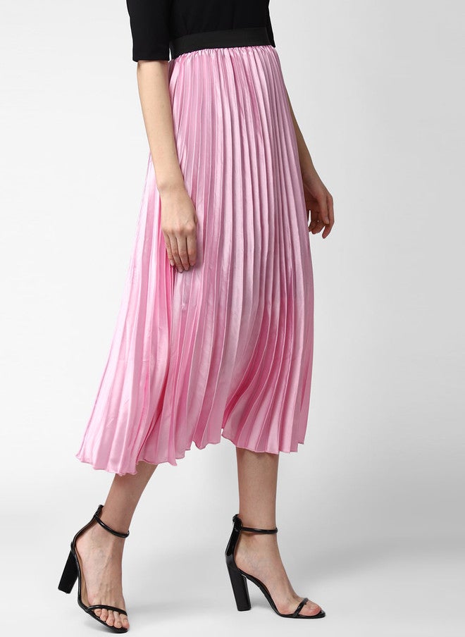StyleStone Women Pink Solid Accordion Pleated Flared Midi Satin Skirt - Image 2