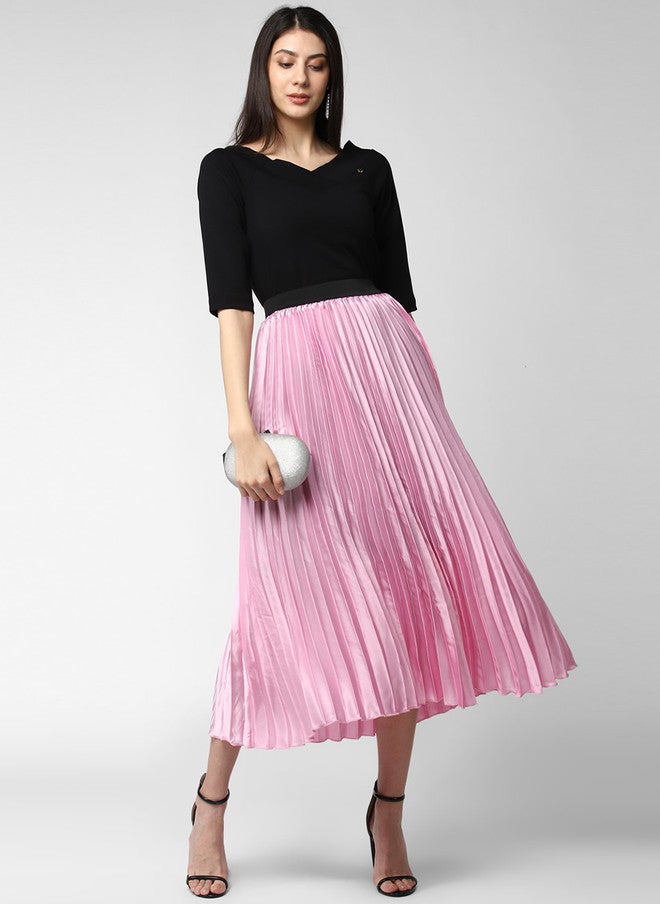 StyleStone Women Pink Solid Accordion Pleated Flared Midi Satin Skirt - Image 4