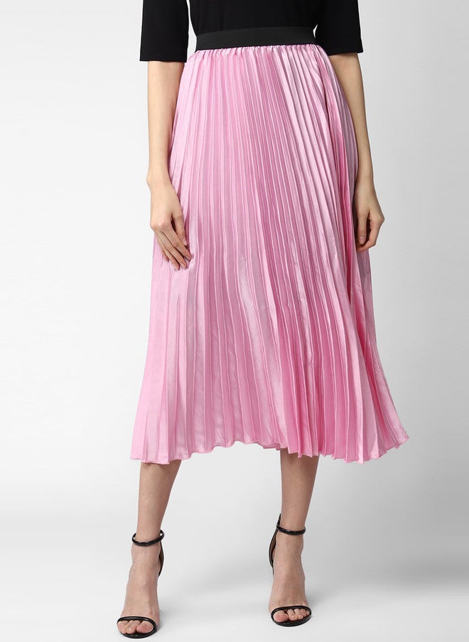 StyleStone Women Pink Solid Accordion Pleated Flared Midi Satin Skirt - Image 1