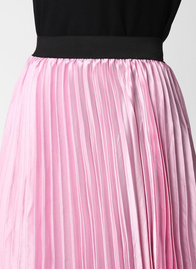 StyleStone Women Pink Solid Accordion Pleated Flared Midi Satin Skirt - Image 5