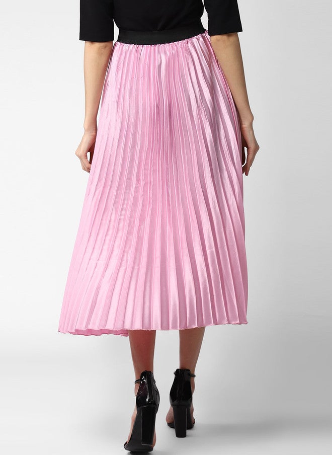 StyleStone Women Pink Solid Accordion Pleated Flared Midi Satin Skirt - Image 3
