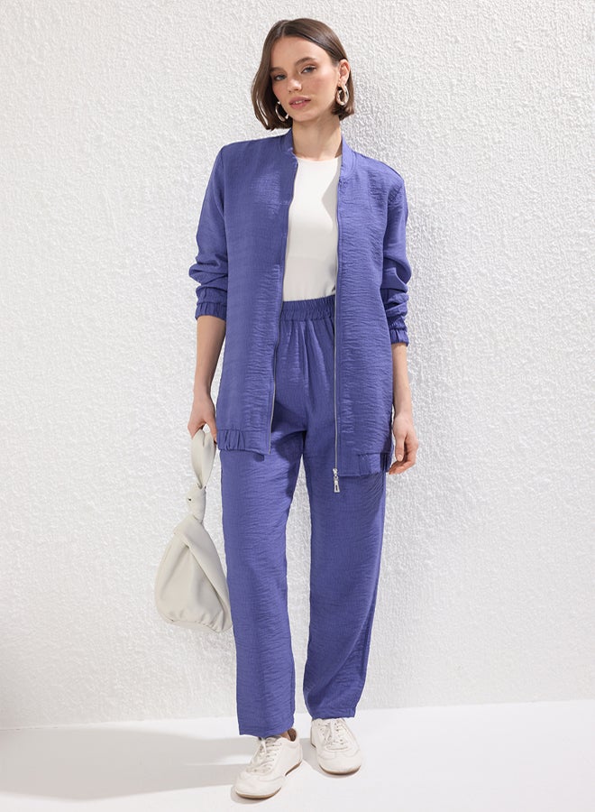 trendyol Navy Blue Linen Look Tunic-Pants Woven Bottom Top Set - Image 1