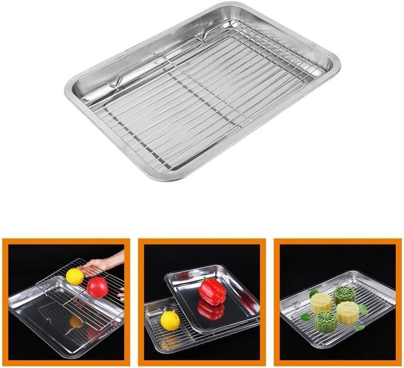 HEVASNEK Stainless Steel Drain Pan Snack Serving Dish - Multi-use Food Tray for Fried Snacks, Chicken, Samosas & More - Oil Draining Frying Tray & Household Food Plate (26.5x20.5x2.5 cm) - Image 4
