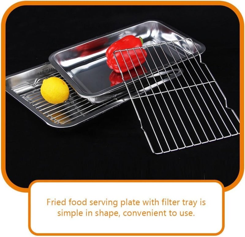 HEVASNEK Stainless Steel Drain Pan Snack Serving Dish - Multi-use Food Tray for Fried Snacks, Chicken, Samosas & More - Oil Draining Frying Tray & Household Food Plate (26.5x20.5x2.5 cm) - Image 3