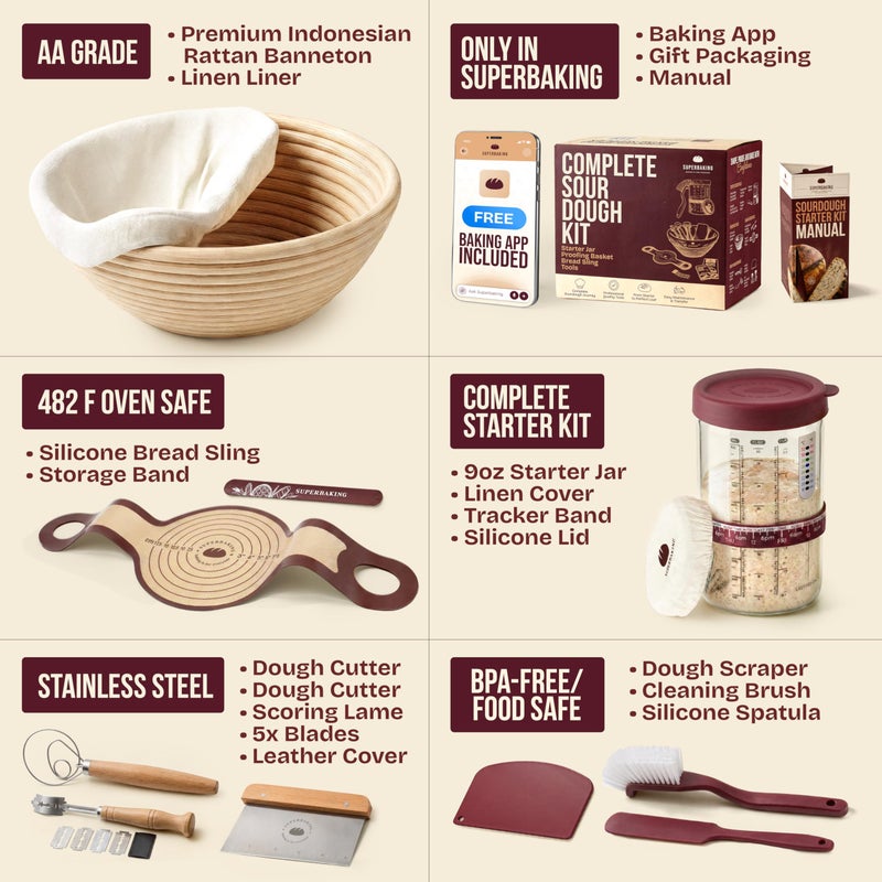 Superbaking Sourdough Starter Kit, 9" Splinter-Free Banneton Bread Proofing Basket Set with Non-Stick Silicone Dough Sling & Glass Starter Jar Kit, Sourdough Bread Baking Supplies, Sourdough Tools - Image 3