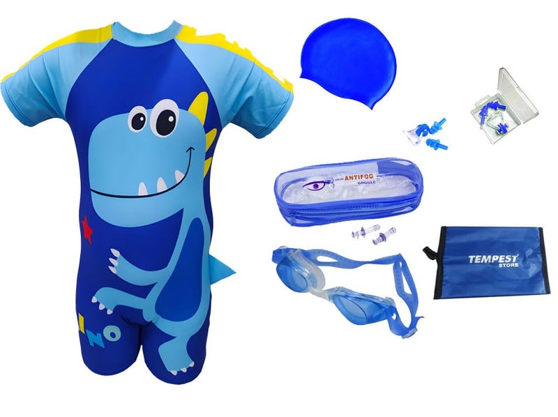 Tempest Swimming Kit for Boys with One piece Half Sleeve Swimming Costume for Boys | Swim Suit | Swimwear | Swimming Dress Goggles Cap Ear Plug Nose Clip with KIT Bag (Multicolor, 3-4 Years) - Image 1