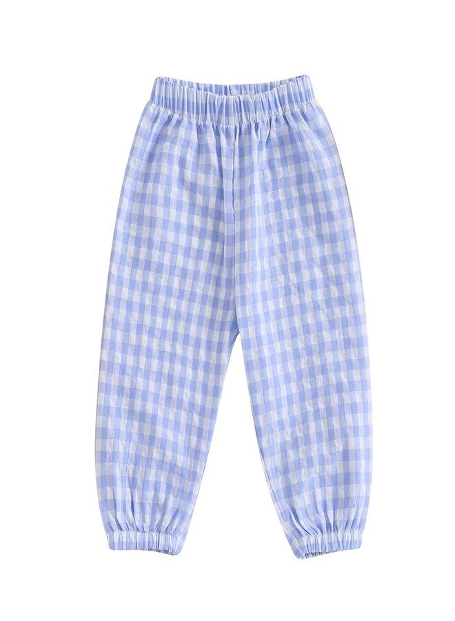 Lenjindjer Toddler Baby Girl Boy Cotton Linen Pants Plaid Elastic Jogger Gingham Lantern Long Pants Summer Fall Harem Pants (Blue, 0-6 Months) - Image 1