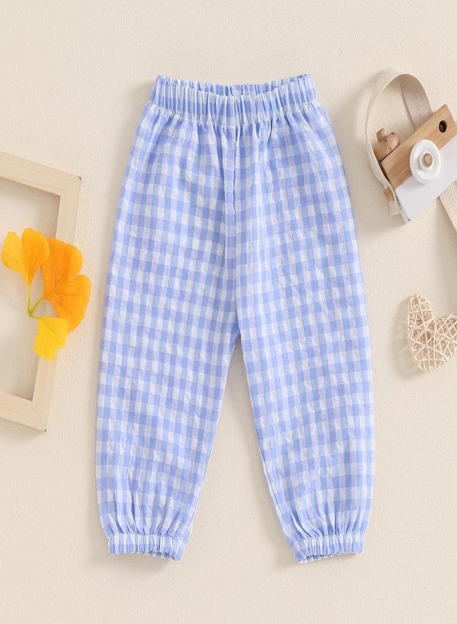 Lenjindjer Toddler Baby Girl Boy Cotton Linen Pants Plaid Elastic Jogger Gingham Lantern Long Pants Summer Fall Harem Pants (Blue, 0-6 Months) - Image 2