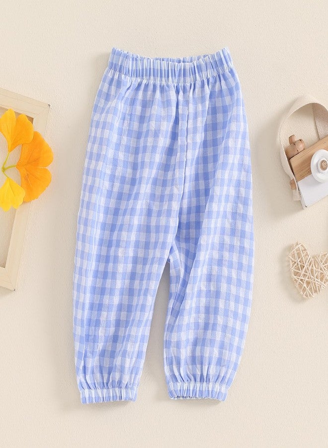 Lenjindjer Toddler Baby Girl Boy Cotton Linen Pants Plaid Elastic Jogger Gingham Lantern Long Pants Summer Fall Harem Pants (Blue, 0-6 Months) - Image 3