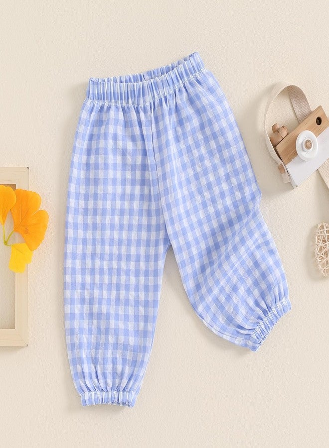 Lenjindjer Toddler Baby Girl Boy Cotton Linen Pants Plaid Elastic Jogger Gingham Lantern Long Pants Summer Fall Harem Pants (Blue, 0-6 Months) - Image 4