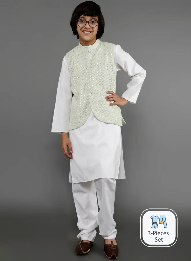 AKS Boys White Kurta Set With Embellished Nehru Jacket