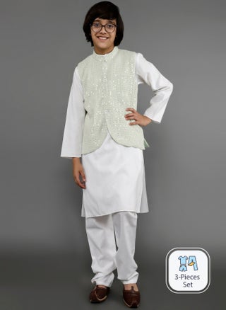 Boys White Kurta Set With Embellished Nehru Jacket