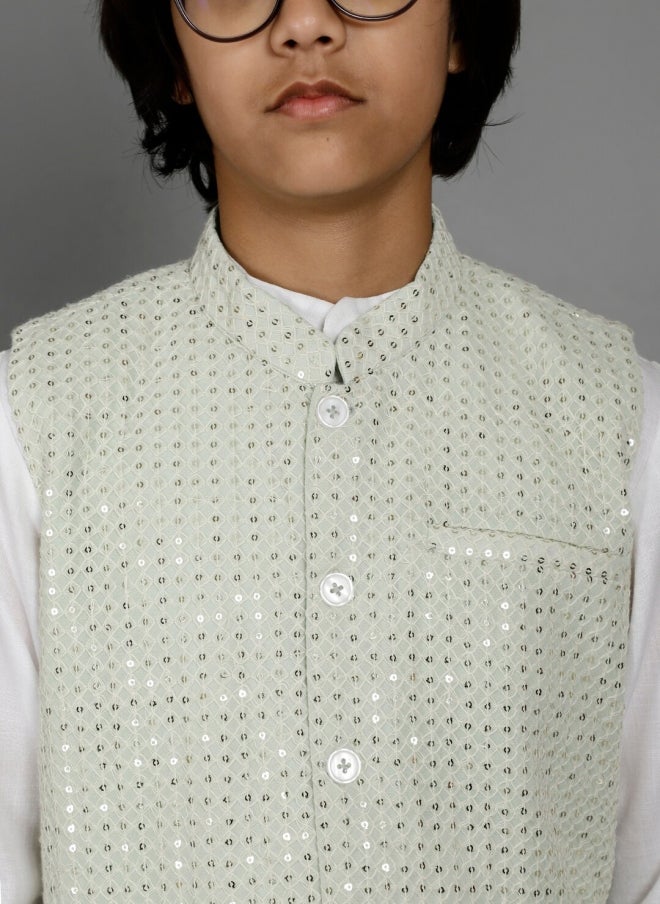 AKS Boys White Kurta Set With Embellished Nehru Jacket - Image 2