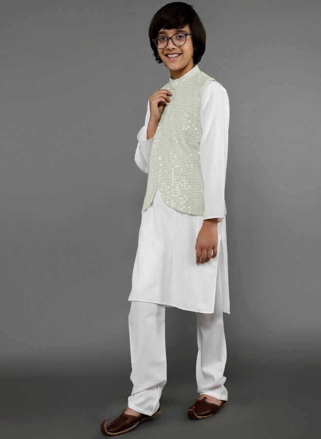 AKS Boys White Kurta Set With Embellished Nehru Jacket - Image 4