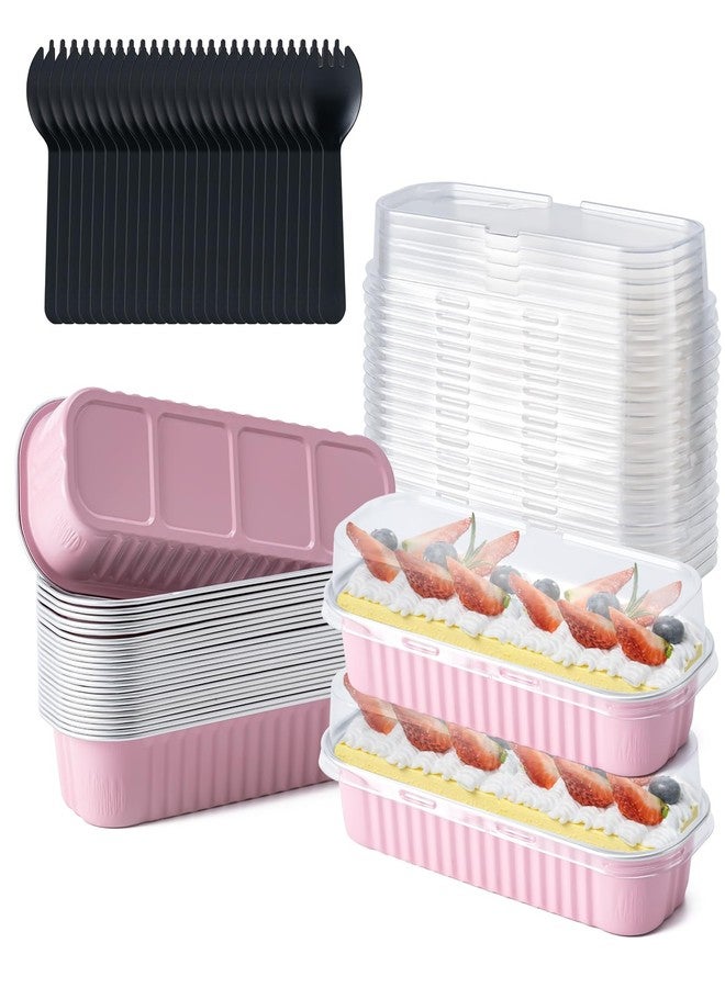 Husfunov 25 Pack Mini Cake Pans with Lids and Spoons, Small Aluminum Foil Loaf Pans, Rectangular Baking Containers for Party and Picnics, 6.8oz (Pink) - Image 1