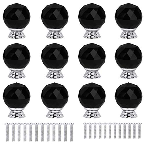 ANJUU 12 Pcs 30mm Round Shape Crystal Glass Cabinet Knobs with Screws Drawer Knob Pull Handle Used for Kitchen Dresser Door CupboardBlack