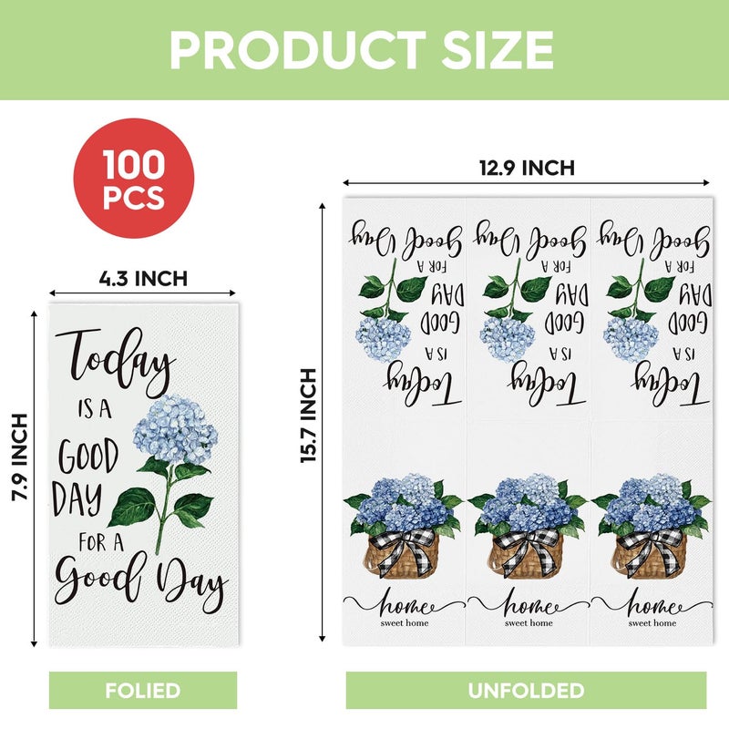 Horaldaily Horaldaily 100 Disposable Paper Decorative Guest Napkins  Blue Hydrangea Good Day Celebration Hand Towel for Party Lunch Dinner Kitchen Bathroom  - Image 5