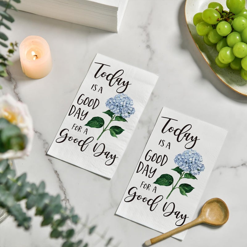 Horaldaily Horaldaily 100 Disposable Paper Decorative Guest Napkins  Blue Hydrangea Good Day Celebration Hand Towel for Party Lunch Dinner Kitchen Bathroom  - Image 4