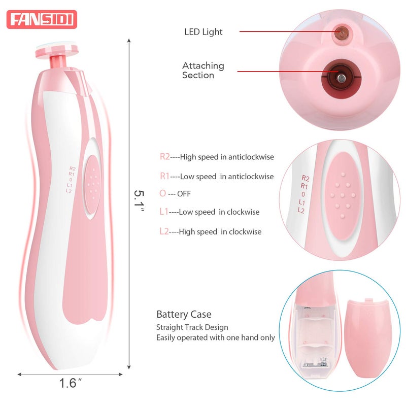 FANSIDI Baby Nail File Electric Nail Trimmer Safe Baby Nail Clippers Manicure Set with 10 Grinding Heads 8 Sandpapers, Trim Polish Groom for Newborn Infant Toddler or Adult Toes Fingernails Care, Pink - Image 2