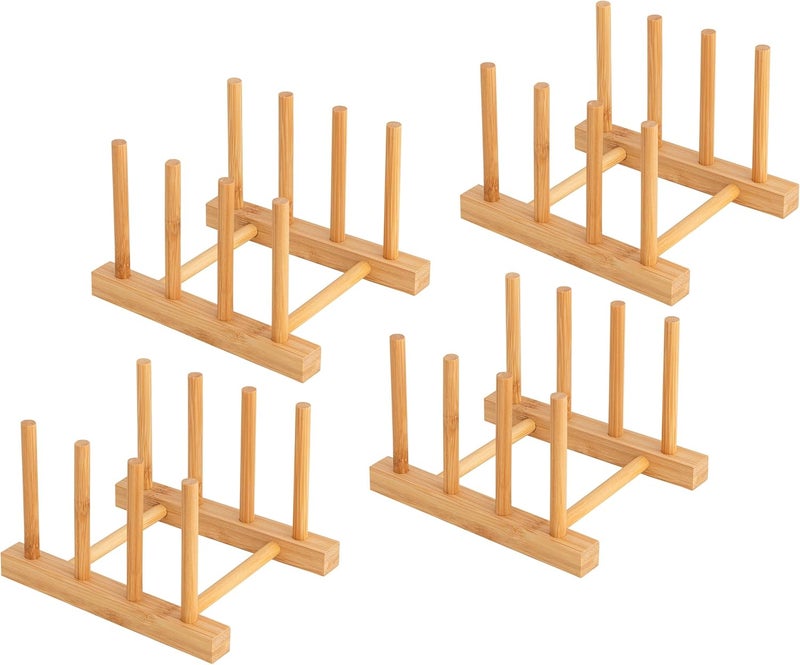 HBlife 4pcs Bamboo Dish Plate Bowl Cup Book Pot Lid Cutting Board Drying Rack Stand Drainer Storage Holder Organizer Kitchen CabinetKeep Dry - Image 1