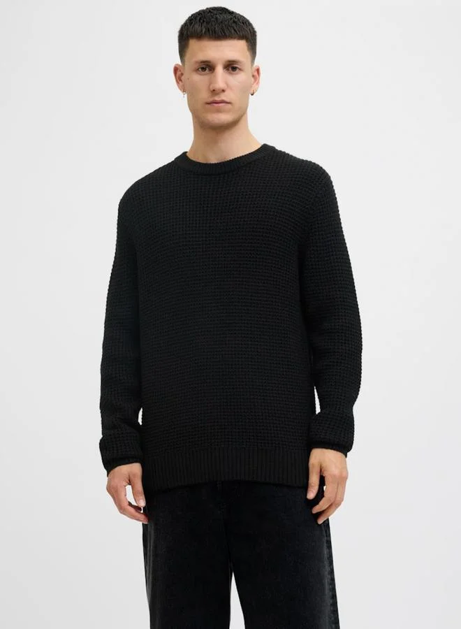 JACK & JONES Black Waffle Knit Crew Neck Sweater