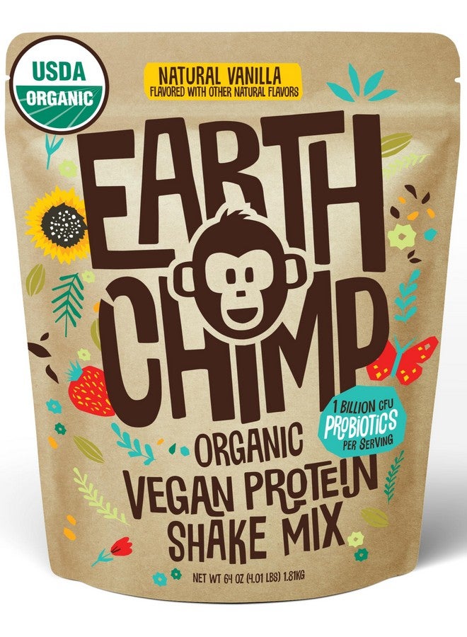 EarthChimp مسحوق بروتين نباتي عضوي من EarthChimp - مع البروبيوتيك - غير معدل وراثيًا، خالٍ من منتجات الألبان، خالٍ من مصل اللبن، مسحوق بروتين نباتي للنساء والرجال، خالٍ من الغلوتين - 52 حصة، 64 أونصة (فانيليا) - Image 1