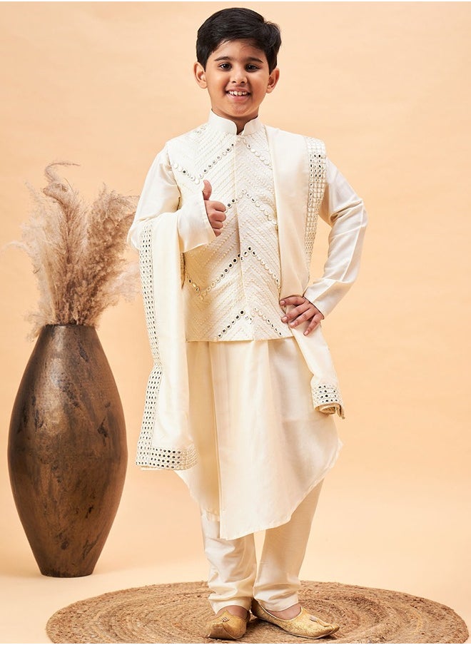 PRASHA - Boys' Cream Jacket, Kurta and Pyjama Set - Image 1