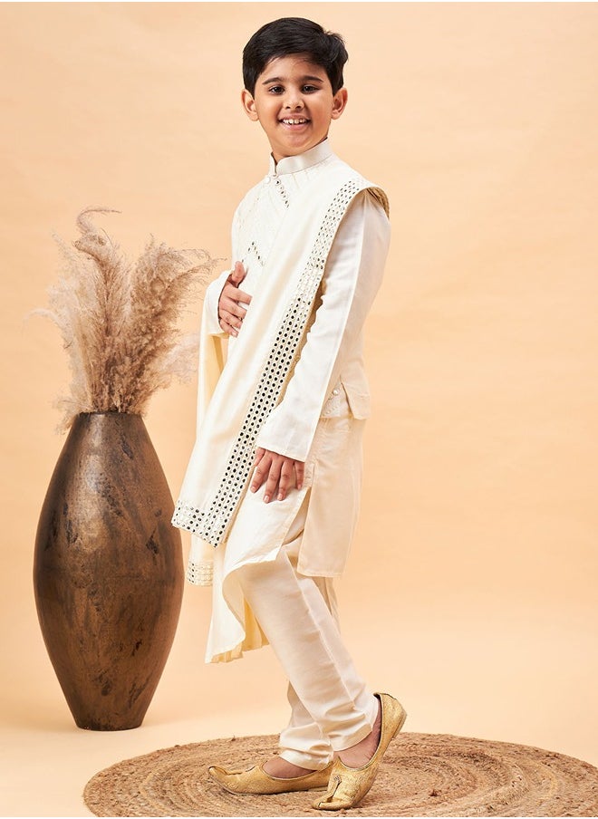 PRASHA - Boys' Cream Jacket, Kurta and Pyjama Set - Image 1