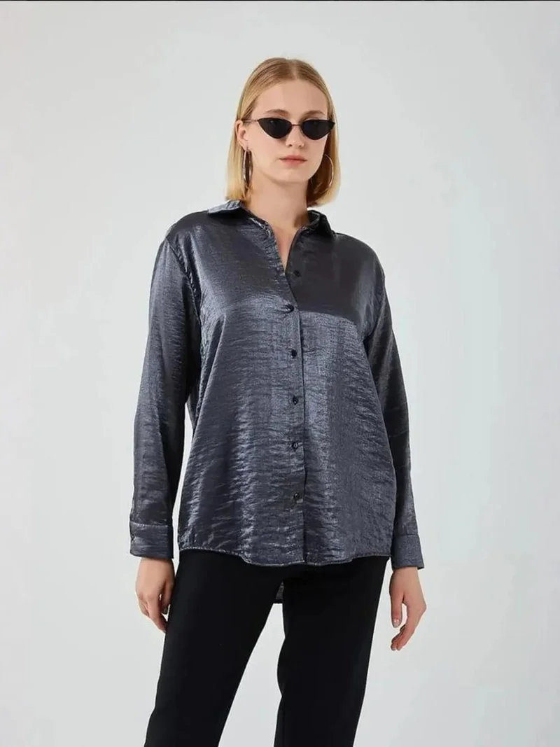 MixRay Dark Grey Mixray Buttoned Long Sleeve Metallic Shirt for Women | Best Price UAE