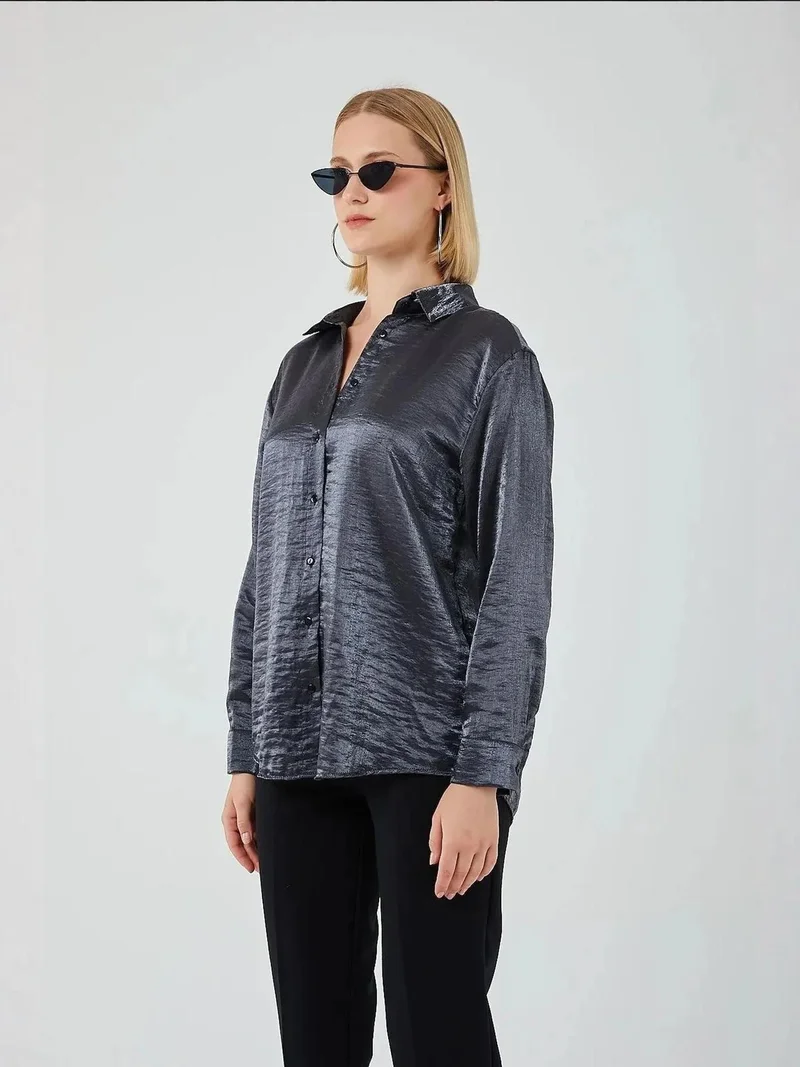 MixRay Dark Grey Mixray Buttoned Long Sleeve Metallic Shirt for Women | Best Price UAE