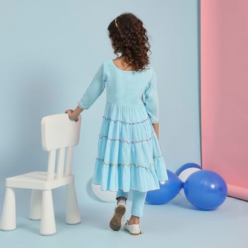 Biba Girls Cotton Girl Solid Fitted Kid Kurta Set (Kw5263_Blue),8-9 Year - Image 5