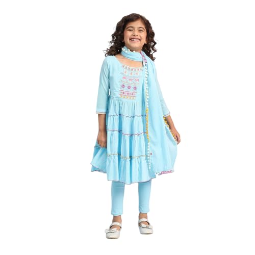 Biba Girls Cotton Girl Solid Fitted Kid Kurta Set (Kw5263_Blue),8-9 Year - Image 1