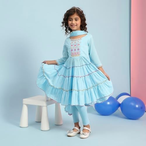 Biba Girls Cotton Girl Solid Fitted Kid Kurta Set (Kw5263_Blue),8-9 Year - Image 2