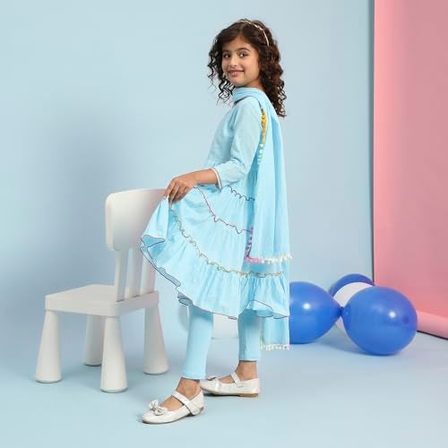 Biba Girls Cotton Girl Solid Fitted Kid Kurta Set (Kw5263_Blue),8-9 Year - Image 3