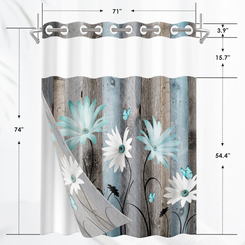 Nesphy No Hook Rustic Farmhouse Shower Curtain with Snap in Fabric Liner Set  Teal Daisy Flowers and Butterfly on Wooden Double Layers Waterproof with See Through Top Bath Curtain 71x74 Inch - Image 2