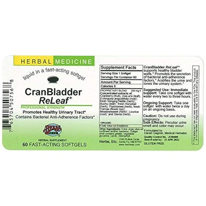 Herbs Etc. CranBladder ReLeaf Softgels - Herbal Supplement for Urinary Tract Health & Bladder Support - Cranberry Extract, Uva-Ursi & Buchu - Gluten-Free & Organic - 60 Count (60 Servings) - Image 2