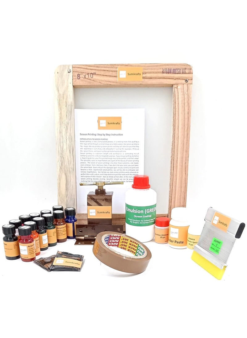 sumikrafts sumikrafts Screen Printing kit for Beginners 12 Assorted Pigment Dyes Single HingeTable clampWooden Frame Small 8x10 pre Stretched mesh no 16for Graphic Arts Screen Printing 