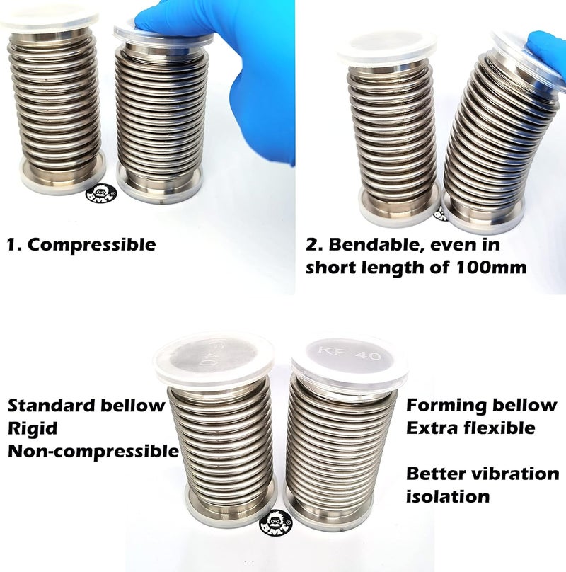 BROWNIAN MOTION TECHNOLOGY bmotiontech ISO-KF KF40 Highly Flexible Corrugated Hose, Flex Coupling, Vibration Damping Stainless Steel Vacuum Bellow Hose (100 mm 4 inches) + 2x KF40 Wing nut clamp, Centering Ring & FKM O-Ring - Image 3