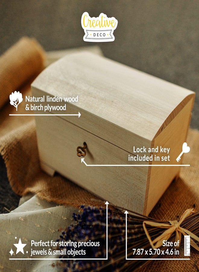 Creative Deco Large Wooden Jewelry Box | Lockable Storage Box with Lock & Key | 7.87 x 5.70 x 4.60 in | Plain, Unpainted & Unfinished | Keepsake Trinket Treasure Chest - Image 4