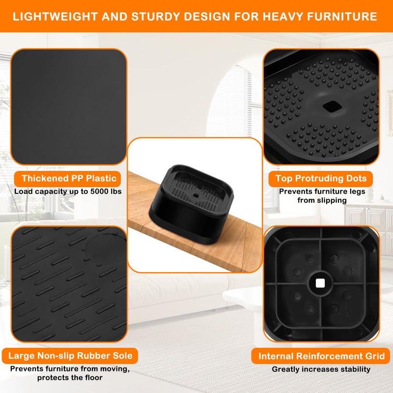 shouwuhho 4 Pack Furniture Risers Adjustable Bed Risers Heavy Duty Lifts Height 1", Square Stackable Bed Risers 1, 2 or 3 Inch for Desk Leg Table Couch Sofa Chair Bed Frame Legs Dorm, Black - Image 3